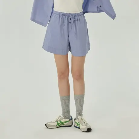 omont蛋挞家 蓝色松紧腰休闲短裤春季新款高腰宽松休闲裤子商品大图