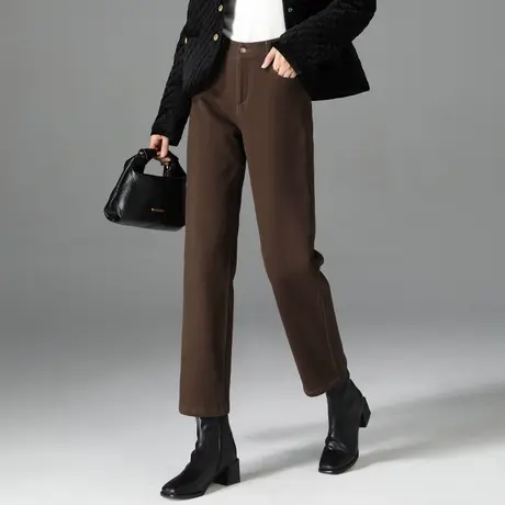 咖色直筒牛仔裤女小个子九分冬季加绒裤子美拉德休闲法棍裤烟管裤商品大图