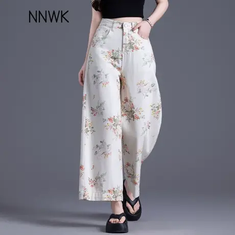 白色印花阔腿牛仔裤女2025新款夏季薄款女裤九分高腰碎花直筒裤子商品大图