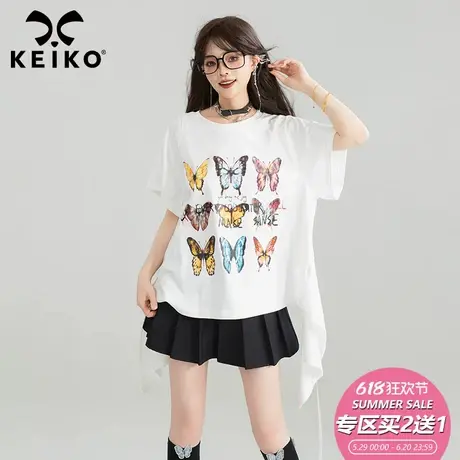 KEIKO [蝴蝶绣] 设计感露背短袖t恤女25夏季前长后短宽松印花上衣图片