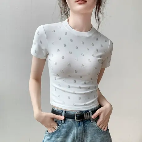 歌倍尚字母烫钻短袖T恤女2025夏季新款正肩修身显瘦百搭白色上衣商品大图