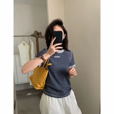 韩版蓝白条纹正肩短袖T恤女夏季圆领修身短款上衣设计感半袖体恤商品大图