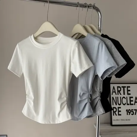 白色正肩短袖T恤女夏季2025新款修身韩版打底衫短款褶皱掐腰上衣图片