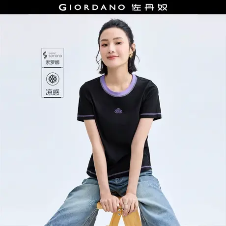 佐丹奴T恤女装撞色祥云刺绣针织圆领短袖T恤 18324917商品大图