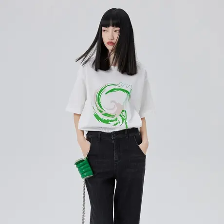 艾莱依图腾剪影大版T恤夏季新款纯棉宽松设计感圆领休闲印花短袖图片