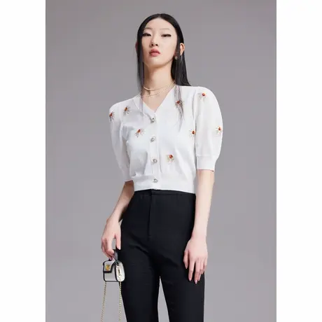 COCOON商场同款2023夏季浪漫挂毛嵌花泡泡袖小雏菊V领针织开衫女商品大图