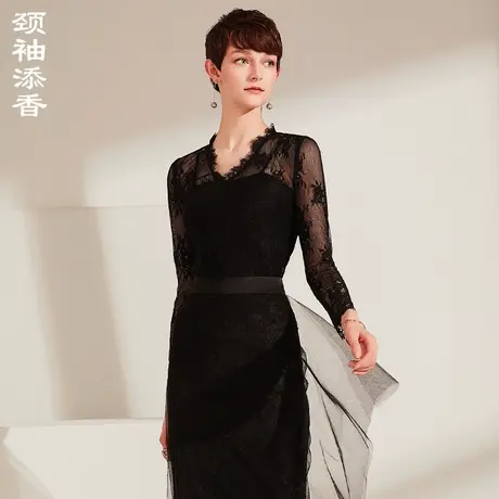 颈袖添香2024秋冬新款气质黑色网纱上衣女两件套长袖蕾丝打底衫商品大图