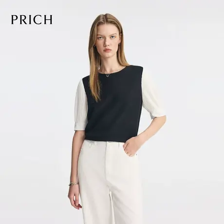 【超能小太阳】PRICH假两件拼接针织衫2025夏新款水滴领上衣女图片