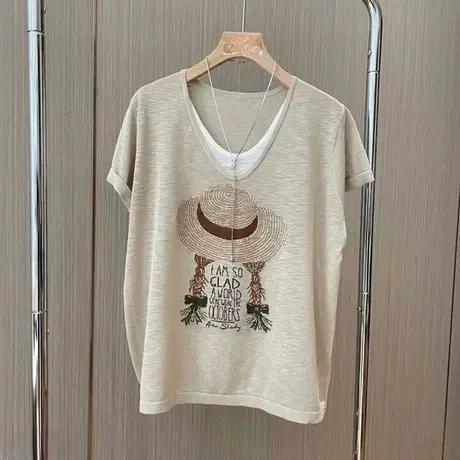 夏季女士假两件冰丝针织短袖t恤女款2025新款爆款设计感短款上衣图片