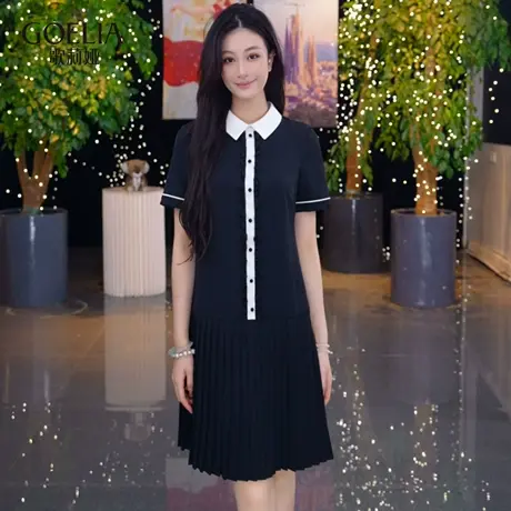 歌莉娅夏季新品木耳边撞色拼接压褶连衣裙1E5L4K3G0商品大图