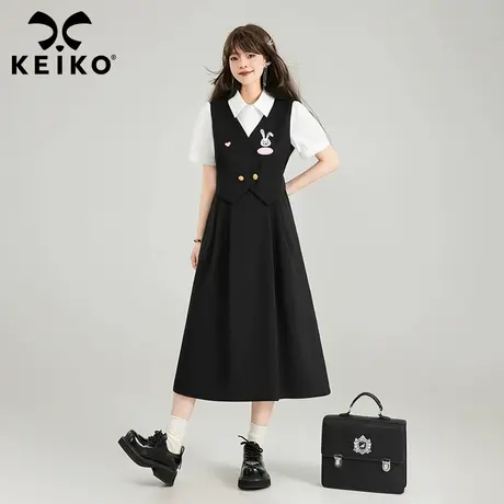 KEIKO 气质通勤假两件式连衣裙24新款学院风蝴蝶结系带收腰A字裙图片