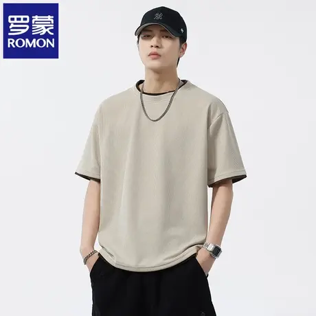 罗蒙纯色百搭短袖T恤男士宽松2025夏季重磅假两件圆领打底上衣N1Z商品大图