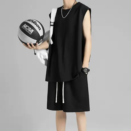 回力无袖背心套装男夏季冰丝薄款运动休闲男士短袖t恤短裤两件装图片