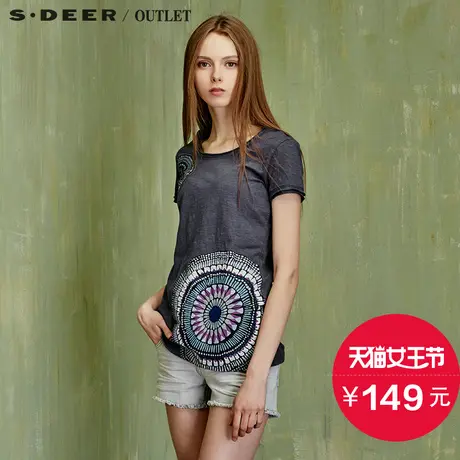 【活动】sdeer圣迪奥女蓝调图纹名族风休闲宽松T恤S15280164图片