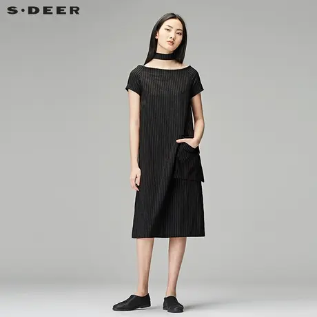 sdeer圣迪奥2019春装设计条纹一字肩气质项圈口袋连衣裙S18181220图片