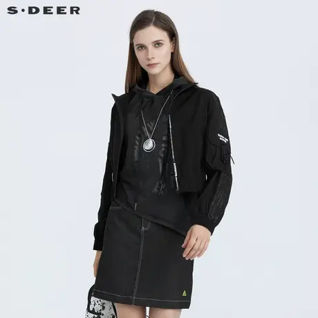 sdeer圣迪奥女装春季立领字母口袋织带松紧黑色运动外套S21162209图片