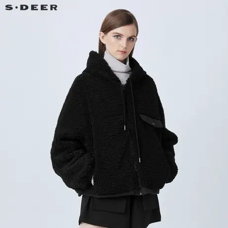 sdeer圣迪奥女装休闲抽绳连帽拼接加绒两面穿黑色外套S21462214图片