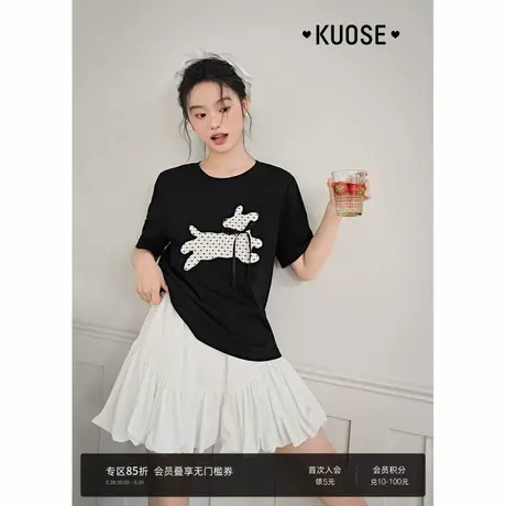 阔色黑色可爱波点小狗正肩短袖T恤女2025夏季新款圆领纯棉上衣图片