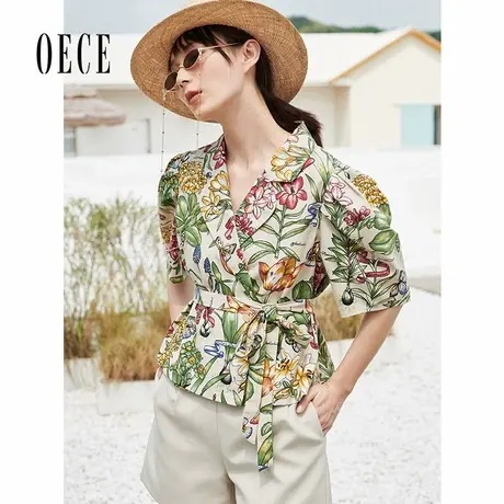 Oece夏装新款女装吸睛复古女孩法式印花个性翻领泡泡袖上衣商品大图