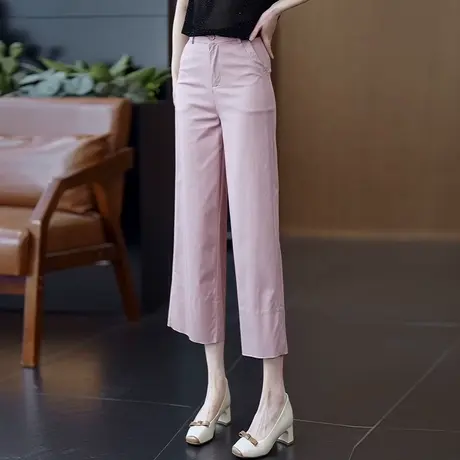 粉色莫代尔艾草九分直筒裤女2025夏季薄款垂感职业西装休闲阔腿裤商品大图