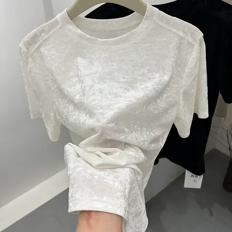 设计感丝绒植绒短袖T恤女2024夏装新款洋气内搭打底衫体恤上衣潮商品大图