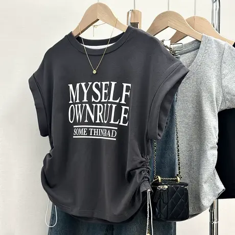 美式复古抽绳褶皱不规则短袖T恤女2025新款夏季宽松短款半袖上衣商品大图