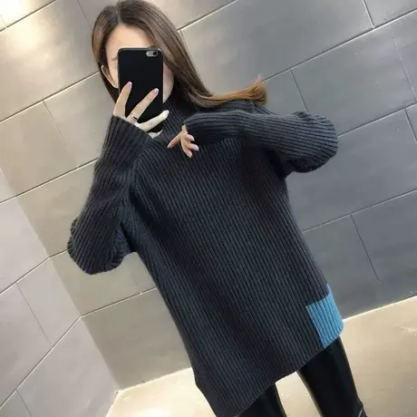 2024秋冬新款半高领中长款毛衣女套头宽松针织衫打底配大衣毛衣女商品大图