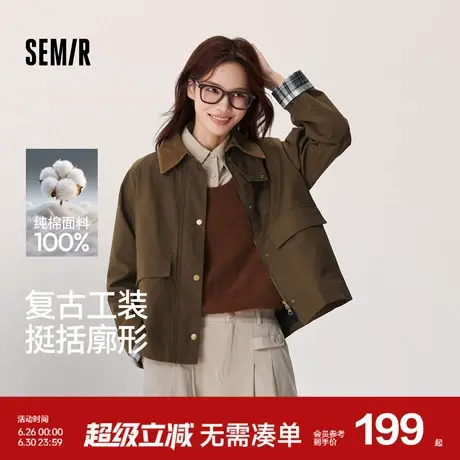 森马外套女插肩袖时尚宽松上衣秋季拼接灯芯绒翻领夹克格纹复古风图片