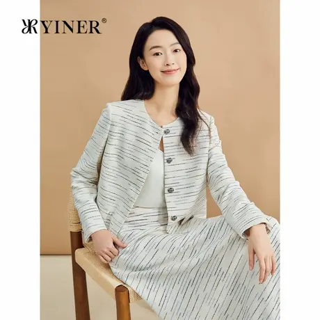 YINER音儿秋季长绒棉法式优雅渐变条纹百搭气质短外套图片