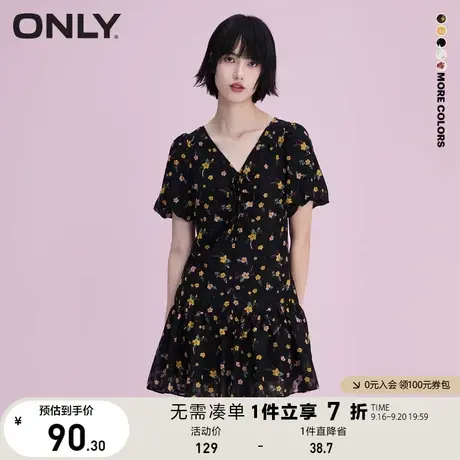 ONLY奥莱夏季抽绳V领泡泡袖荷叶边碎花短连衣裙女图片