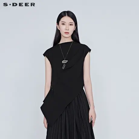 sdeer圣迪奥女装夏装个性不规则设计肌理黑色无袖衬衫S20280601🏏商品大图