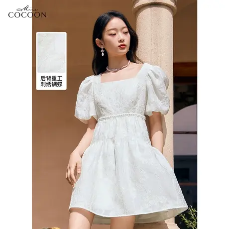 miss COCOON方领灯笼袖提花连衣裙女2023夏装新款高腰减领娃娃裙商品大图