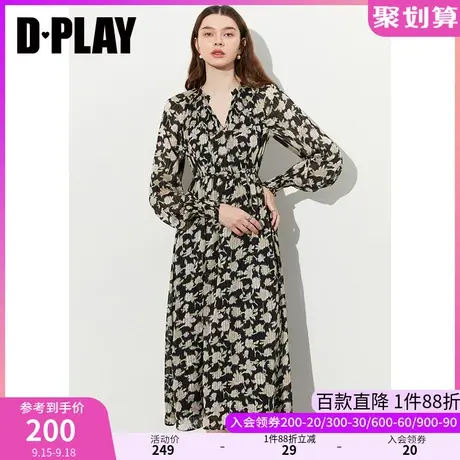 DPLAY2023秋新法式v领系带长袖黑底粉花气质收腰雪纺印花连衣裙商品大图