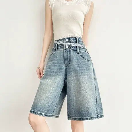 蓝色五分阔腿牛仔短裤女夏季薄款蕾丝拼接双扣高腰宽松直筒中裤薄商品大图