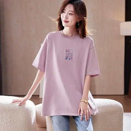宝诗黎中长款烫钻宽松短袖T恤2025夏季韩版简约百搭休闲慵懒上衣商品大图