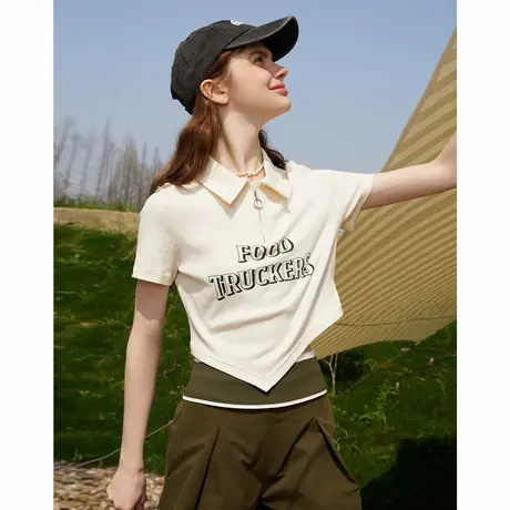 a02夏季正肩显瘦半拉链不规则下摆Polo领女式T恤图片