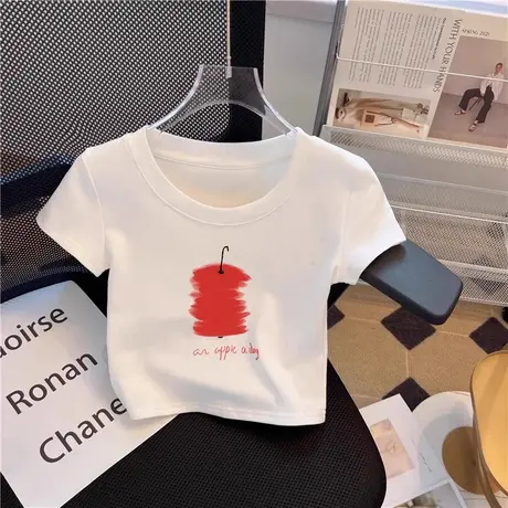 2025夏季简约别致艺术画风格红苹果印花白色短款t恤独特漂亮上衣商品大图