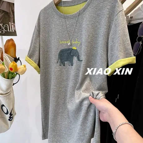 韩国new 刺绣大象印花拼色面料中长款短袖T恤女 春季休闲宽松上衣商品大图