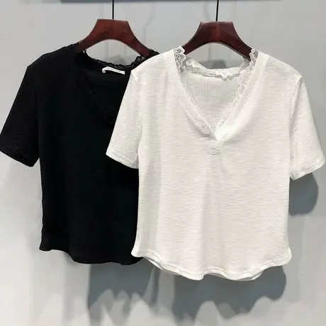 V领蕾丝花边正肩短袖T恤女夏季宽松韩版内搭打底衫设计感短款上衣商品大图