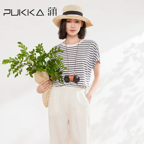 蒲PUKKA 圆领夏季短袖T恤女2025新款亚麻极简风显瘦休闲上衣图片