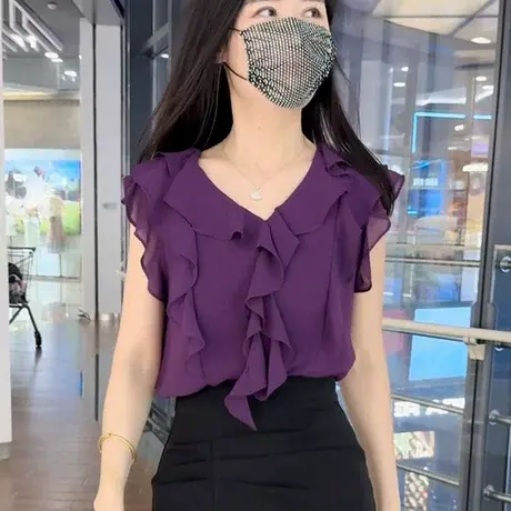 法式名媛木耳边雪纺衬衫女2025夏季新款小众时尚气质显瘦减龄上衣图片