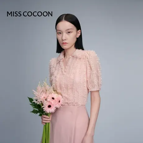 COCOON商场同款2024春夏新款温柔风粉色蕾丝衫气质短袖雪纺衫女图片