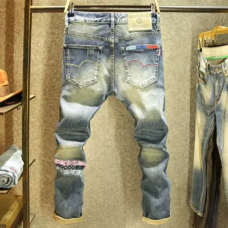 高端品质美式复古怀旧牛仔裤男修身直筒弹力裤子潮牌个性拼色裤子商品大图