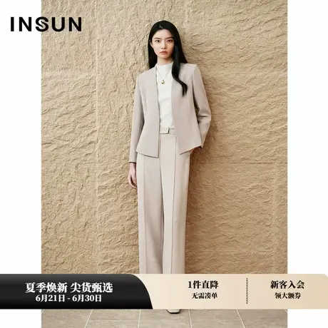 INSUN恩裳专选秋季中高腰杏色醋酸直筒西装裤商品大图