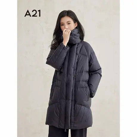 A21女装大立领加厚羽绒服2024冬季新款设计感暗扣中长款鸭绒外套图片