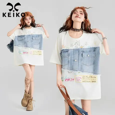 KEIKO酷感牛仔拼接短袖t恤夏季韩版oversize宽松遮肉显瘦半袖上衣图片
