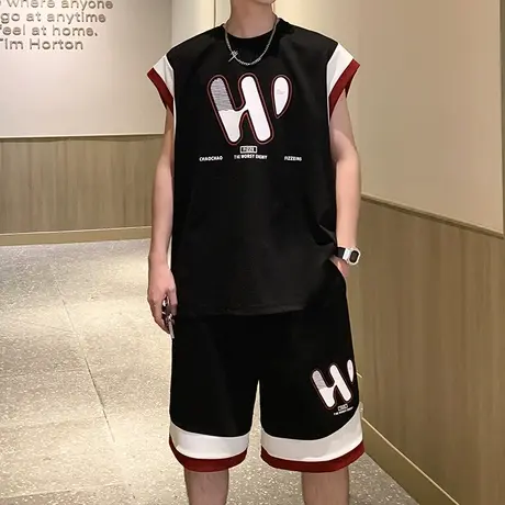 套装男夏季新款薄款透气宽松运动无袖背心美式休闲潮牌跑步两件套图片