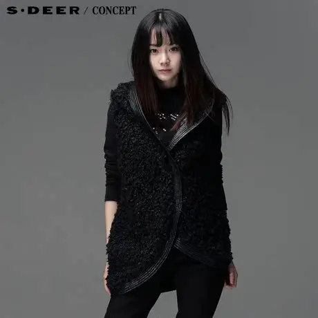 【新品】sdeer圣迪奥 专柜正品 女装冬装斜摆无袖毛绒背心3481692图片