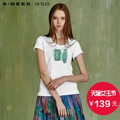 s.deer【女王节】圣迪奥女装2016夏装新品撞色印花装饰短袖T恤图片