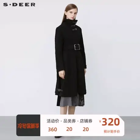 sdeer圣迪奥女装个性高领收腰仿羊羔绒黑色长款大衣S21481816图片